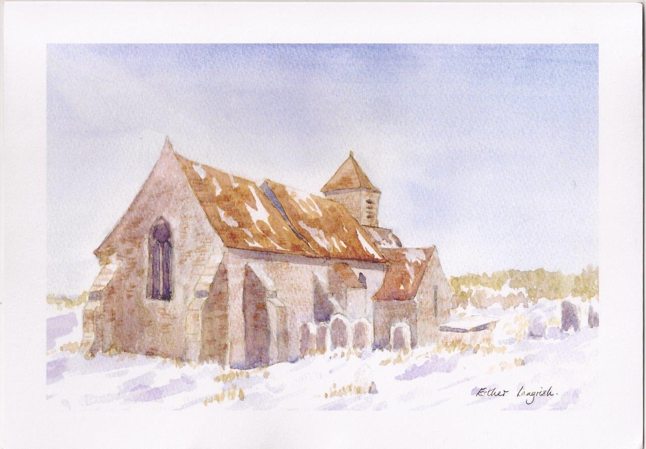 Binsted church in snow by Esther Langrish